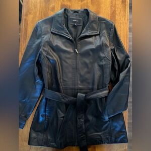Colebrook Essentials Black Leather Belted Zip Up Jacket Womens XL Trench Coat